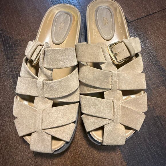 Zara suede cross strap slip on sandals women’s size 38 or 7.5 tan boho hippie Ti - Picture 2 of 7